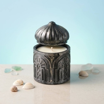 Front view of Sugandhit Golden Container Candle in Ocean Breeze fragrance