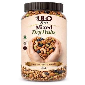 ULO FOODS mixed dry fruits 250g pack containing premium nuts and dried fruits for healthy snacking and daily nutrition