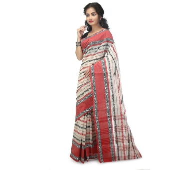 Woman wearing white and red traditional Dhaniakhali saree handcrafted from pure cotton with authentic Bengali handloom weaving