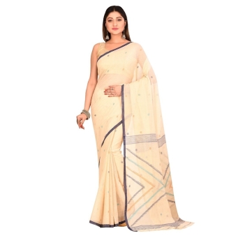 Cream white Phulia Jamdani saree featuring handcrafted cotton muslin and allover buta motifs