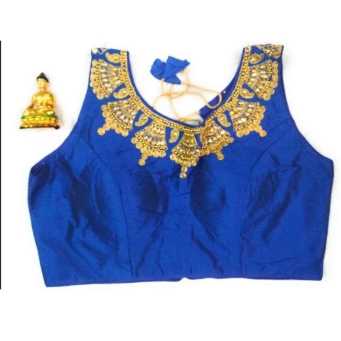 Royal blue boat neck multicolor blouse for women front view