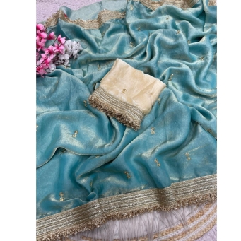 Fancy satin saree with sequin butti and unstitched blouse piece