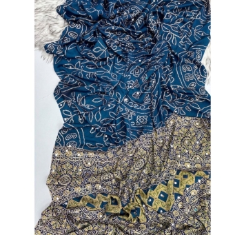 black satin silk saree with mirror work printed blouse